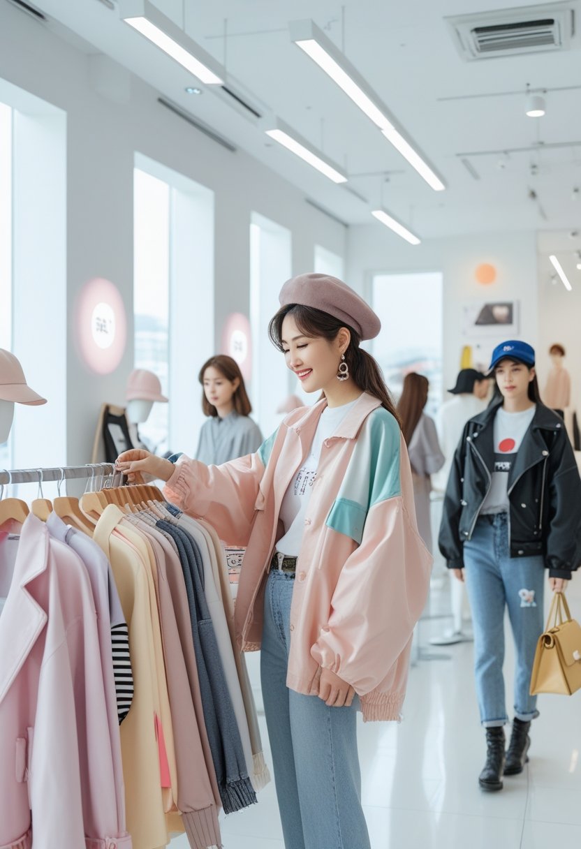 A young woman shopping for clothing in a bright, modern boutique with racks of stylish clothes and other shoppers in the background.